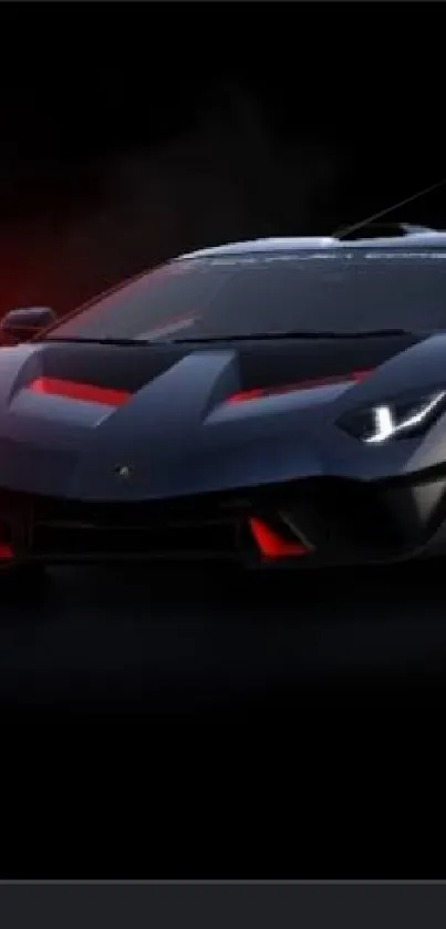 Sleek black sports car with red lights in a dramatic background.