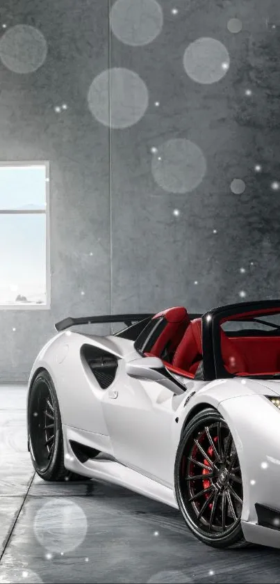 Sleek white sports car with red interior, modern setting.