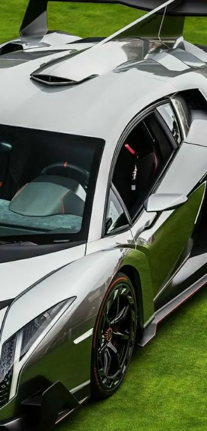 Sleek silver sports car on a green lawn background.