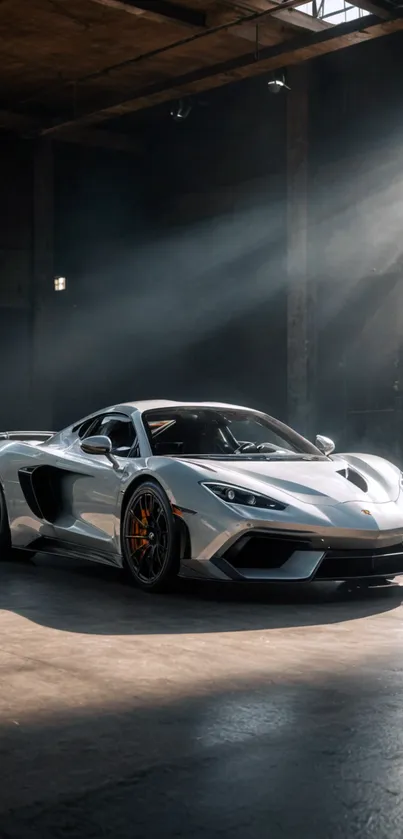 Sleek silver sports car under sunlight in a dim interior space.