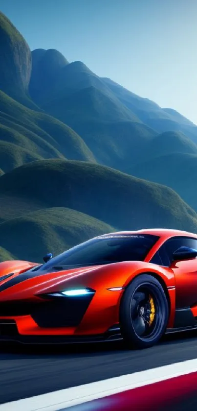 Red sports car on mountain road, scenic view.