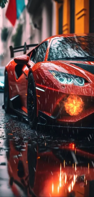 A stunning red sports car on a rainy street reflecting in puddles.