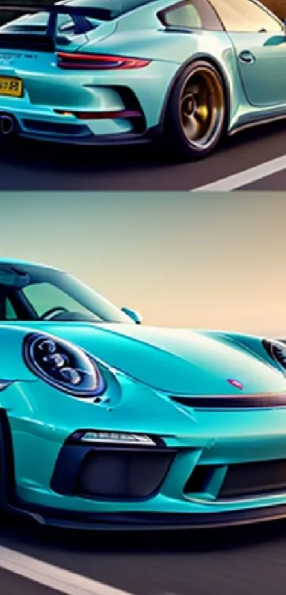 Cyan sports car speeding down a highway at sunset.