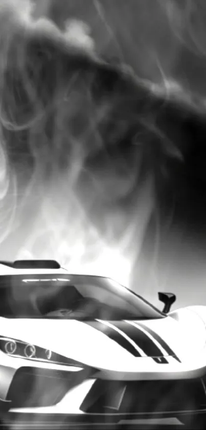 Black and white sports car with smoke effect in mobile wallpaper.