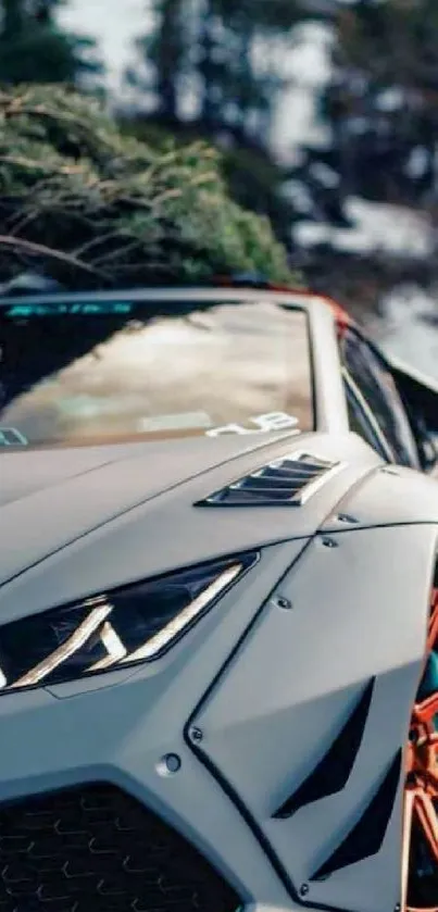 Gray sports car with orange rims in nature setting.