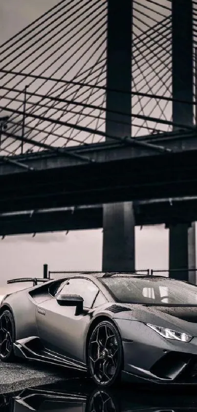 Sleek sports car under a modern bridge, reflecting city elegance and style.