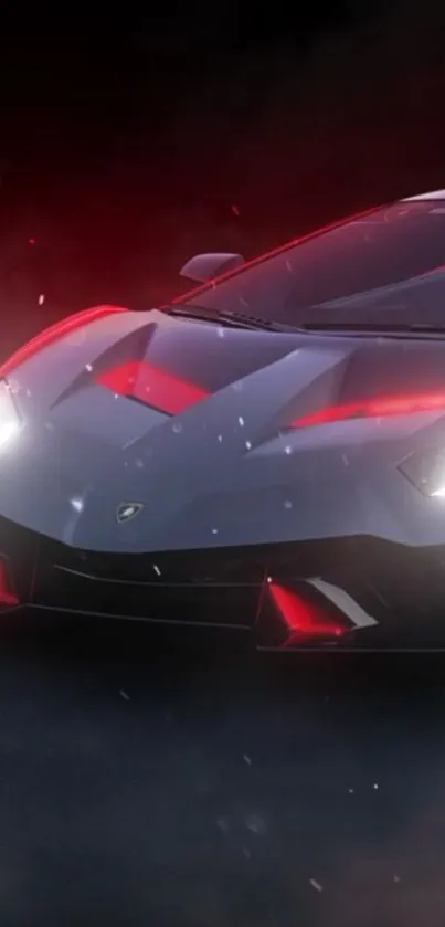 Sleek sports car with glowing red lights in dramatic setting.