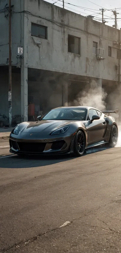 Sleek sports car emitting smoke in an urban street setting.