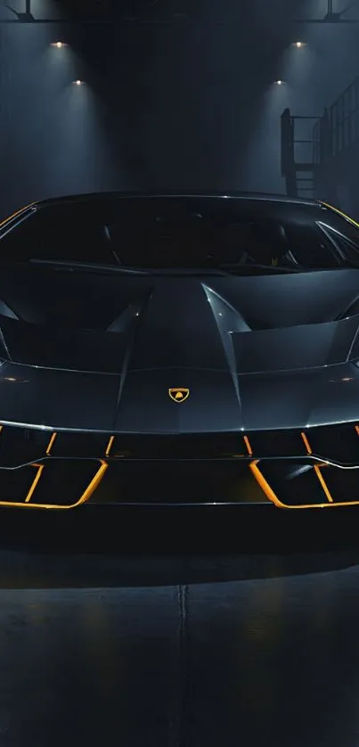 Sleek black sports car in dimly lit garage wallpaper.