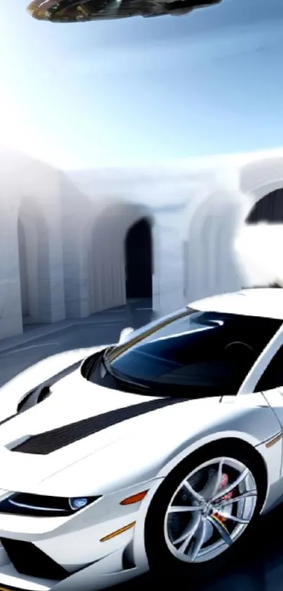 White sports car with modern architecture in background.