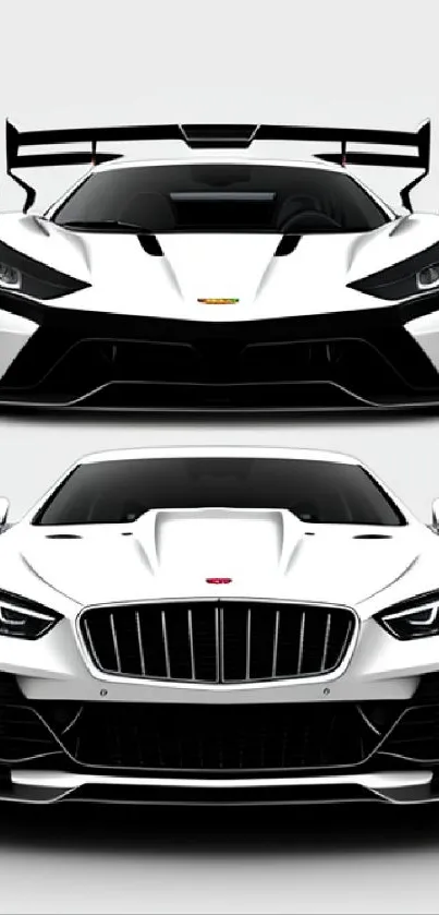 Front view of two sleek, white sports cars with aggressive designs.