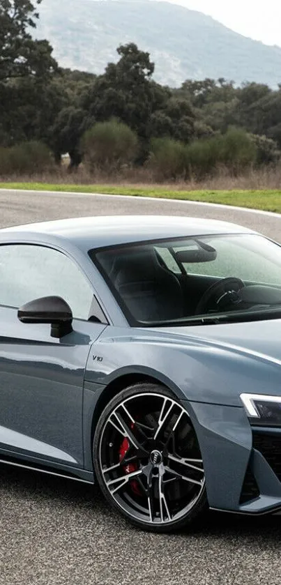 Silver sports car on a road with a scenic backdrop.