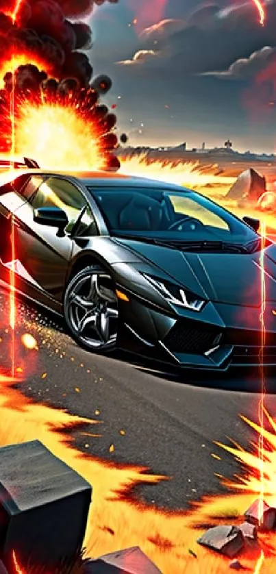 Black sports car speeding with fiery explosion backdrop.