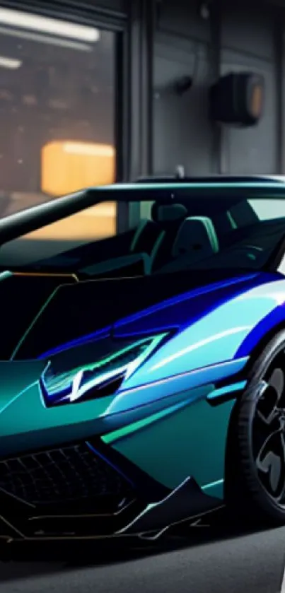 Futuristic sports car with electric blue hues in urban setting.