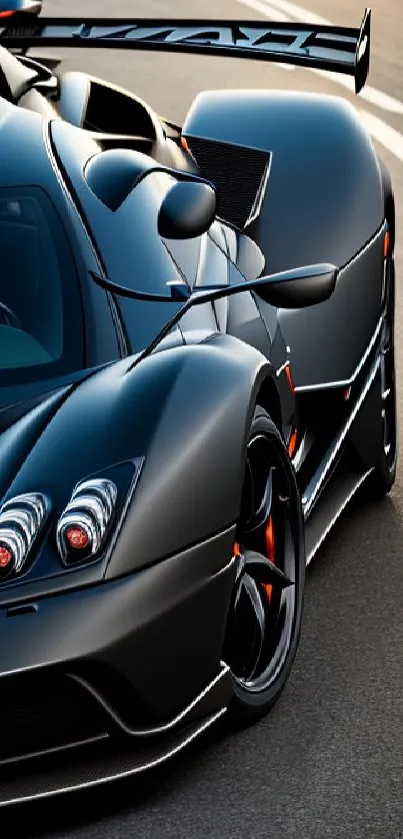 Sleek black sports car on an empty road wallpaper.