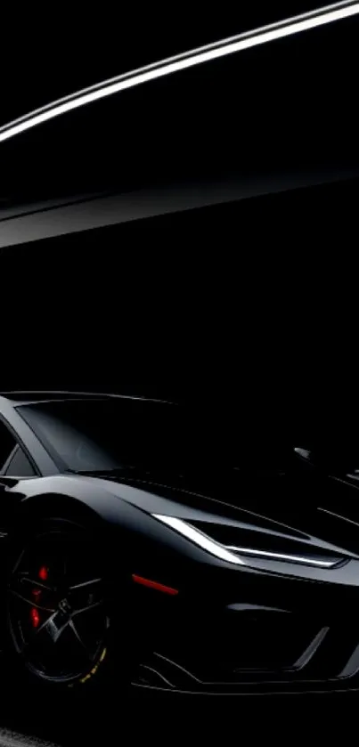 Sleek black sports car under minimalist lighting, perfect for mobile wallpaper.