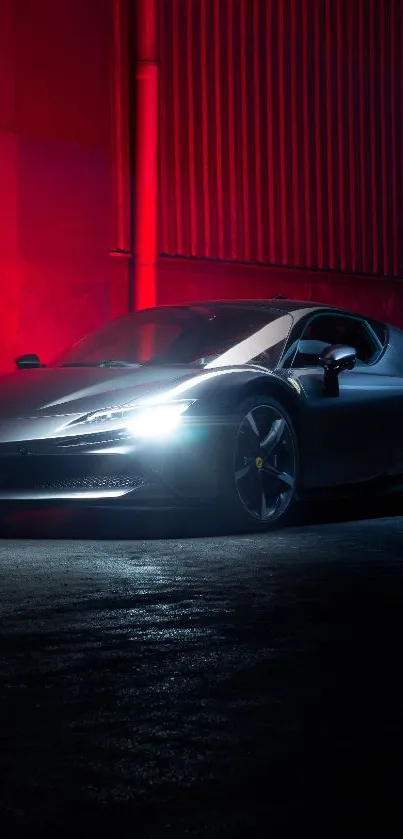 Sleek sports car against a red-lit backdrop in the dark.