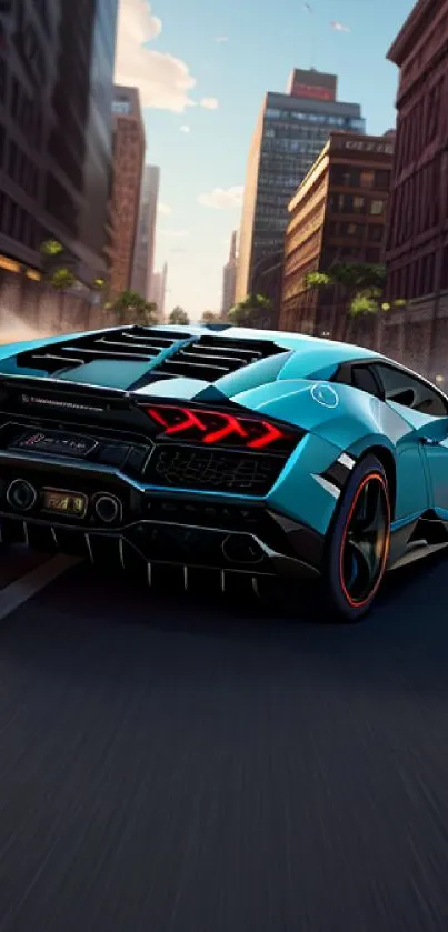 Vibrant blue sports car speeds through a bustling city street, creating motion blur.