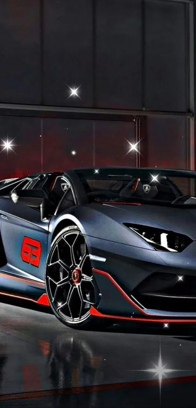 Sleek sports car with a dark gray finish and stars as a background.