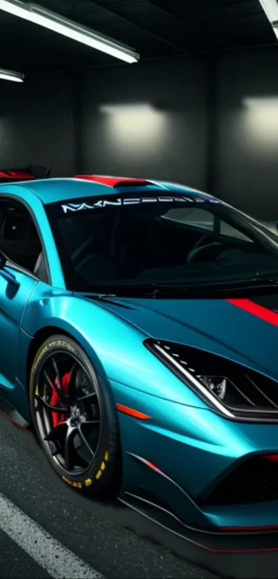 Sleek blue sports car with racing stripes in a dimly lit garage.