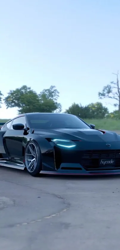 Sleek dark blue sports car in natural setting.