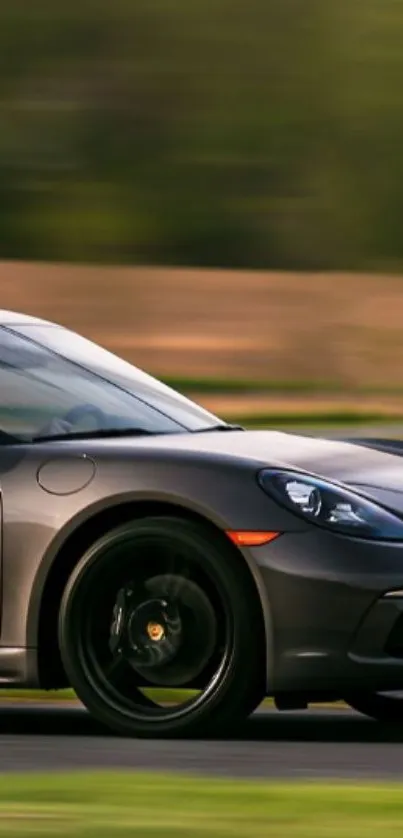 Dark gray sports car speeding on track with blurred background.