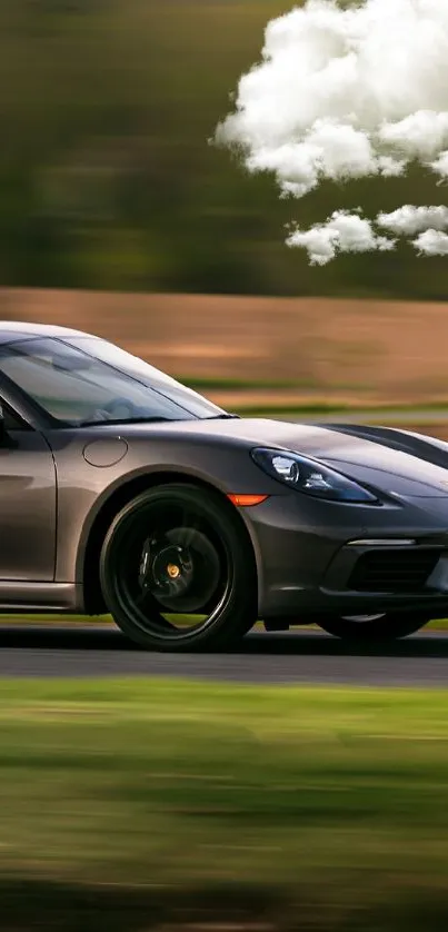 Sleek gray sports car on a race track with greenery in the background.