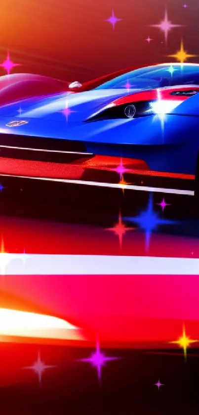 Vivid sports car in motion with red and blue hues.