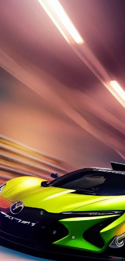 Vibrant yellow sports car racing on track in a dynamic motion shot.