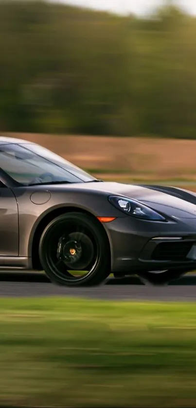 Sleek sports car driving on a road in a dynamic and elegant style.