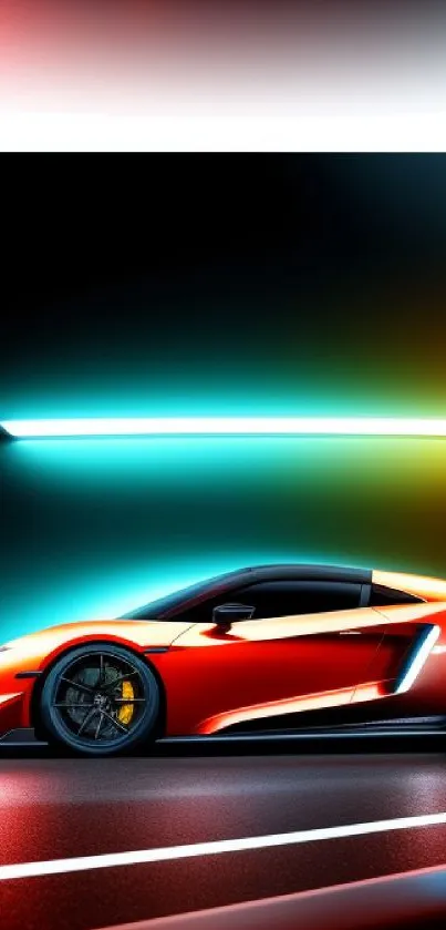 Sleek red sports car under neon lighting in a dynamic wallpaper.