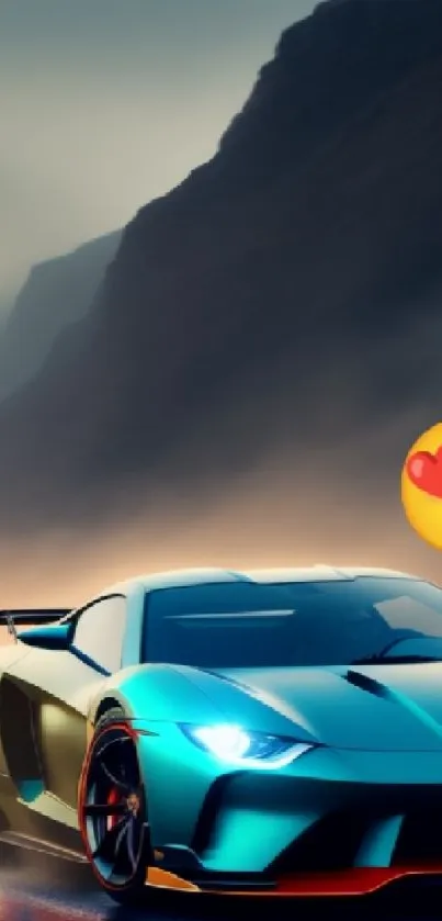 Sleek sports car with heart-eyed emoji on scenic road.