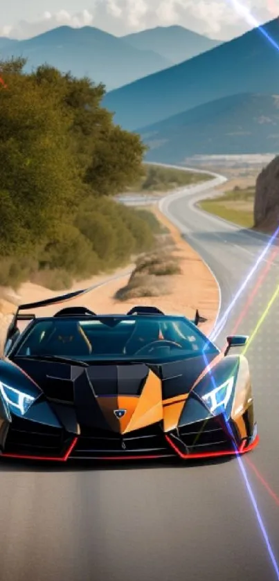 Sleek black and orange sports car on a scenic highway with mountains.