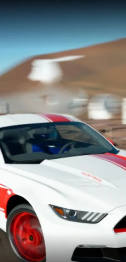 White and red sports car moving swiftly at high speed.