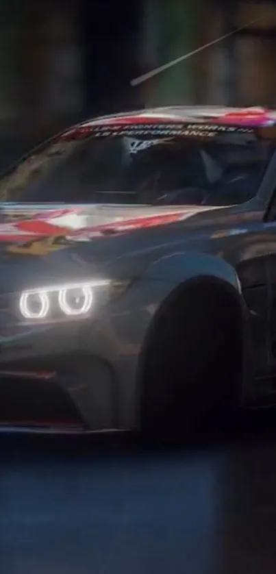 Sleek racing car with city lights in dynamic motion.