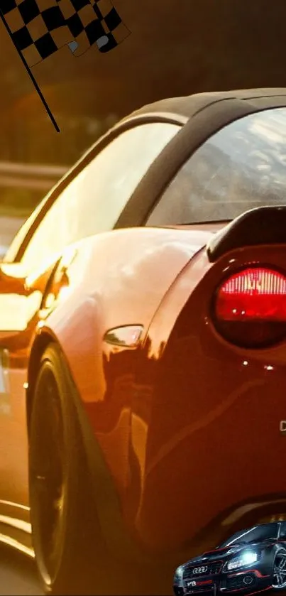 A red convertible sports car in motion with a checkered flag in the background.