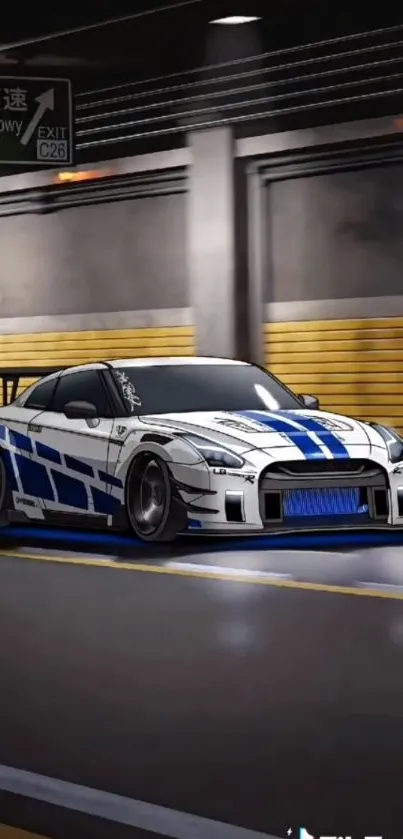 A sleek sports car with blue and white stripes driving through an urban tunnel.