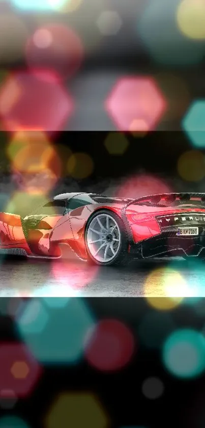 Vibrant sports car with colorful bokeh lights, set on a sleek dark background.