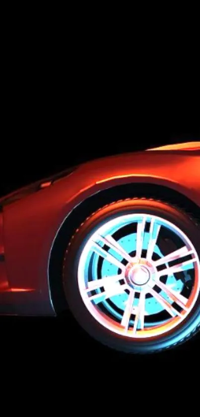 Sleek sports car wheel with neon glow on black background.