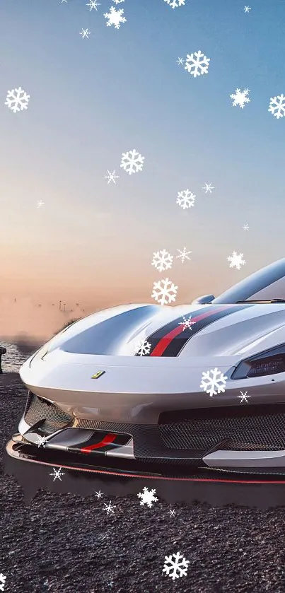 White sports car on a winter-themed background with falling snowflakes.