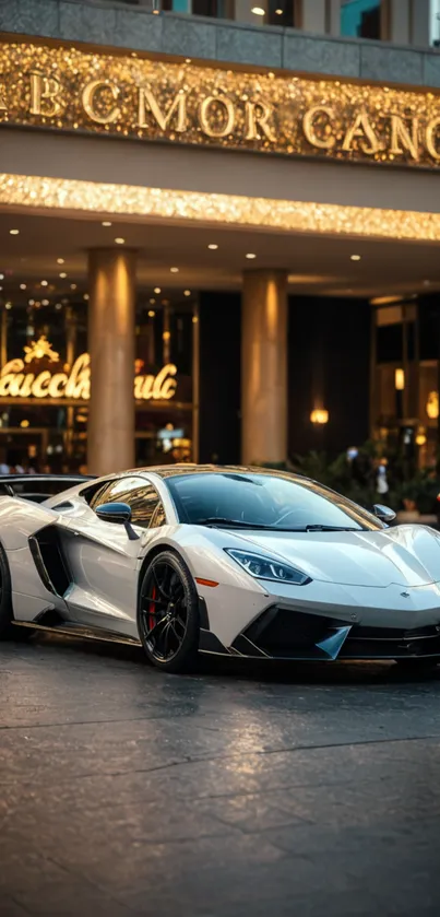 Sleek white sports car parked outside a luxurious hotel at night.