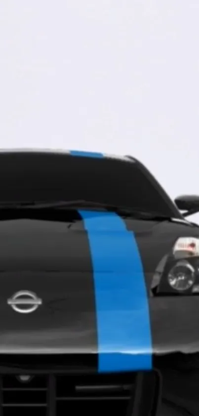 Black sports car with blue racing stripe wallpaper.