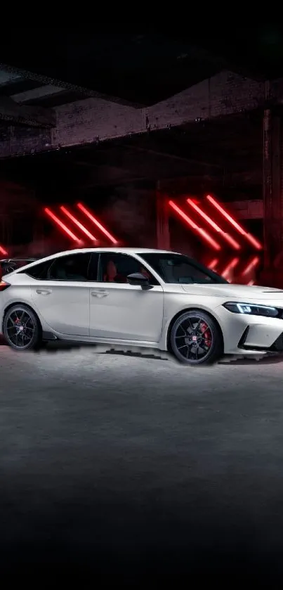 Sleek white sports car with neon backdrop.