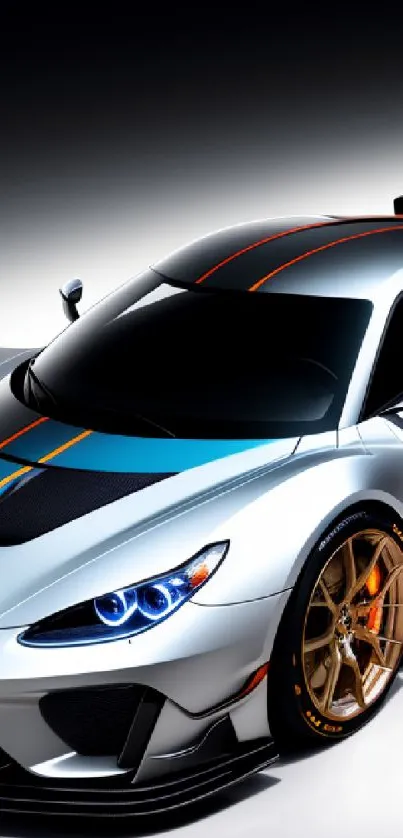 Sleek silver sports car with vibrant accents.