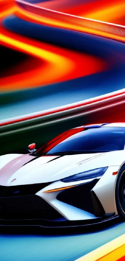 Sleek white sports car on colorful race track background.