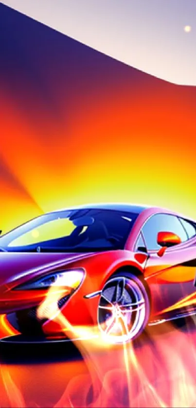 Vibrant sports car with sleek design and fiery colors on a dynamic background.