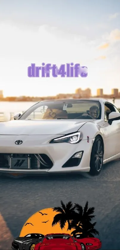 White sports car drifting on urban road at sunset, vibrant cityscape background.