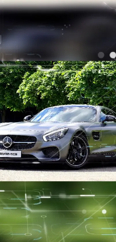 Sleek silver Mercedes sports car with a green nature background.