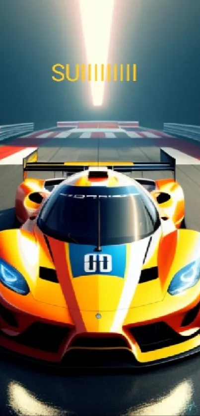 Dynamic racing car on a track with vivid colors and sleek design.