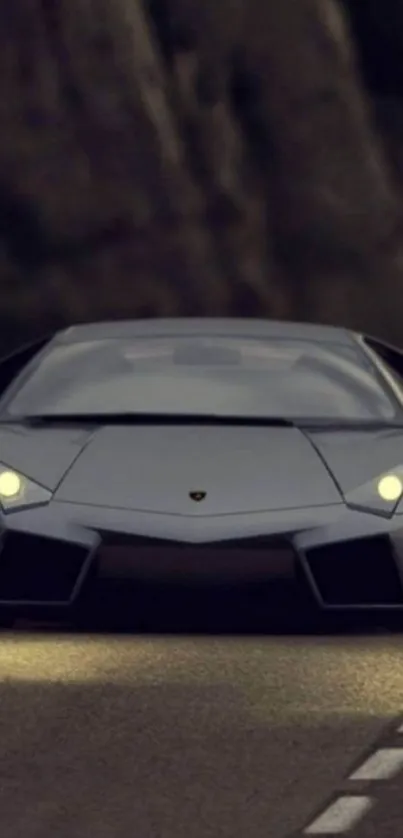 Sleek sports car on a dimly lit road in motion.